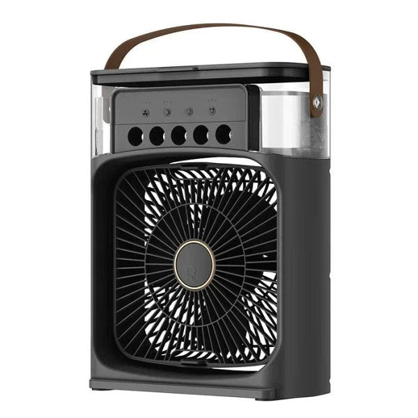 USB Mini Portable Air Cooler with 3 Wind Speed and 3 Spray Modes, Desktop Fan with a 7 colour LED light